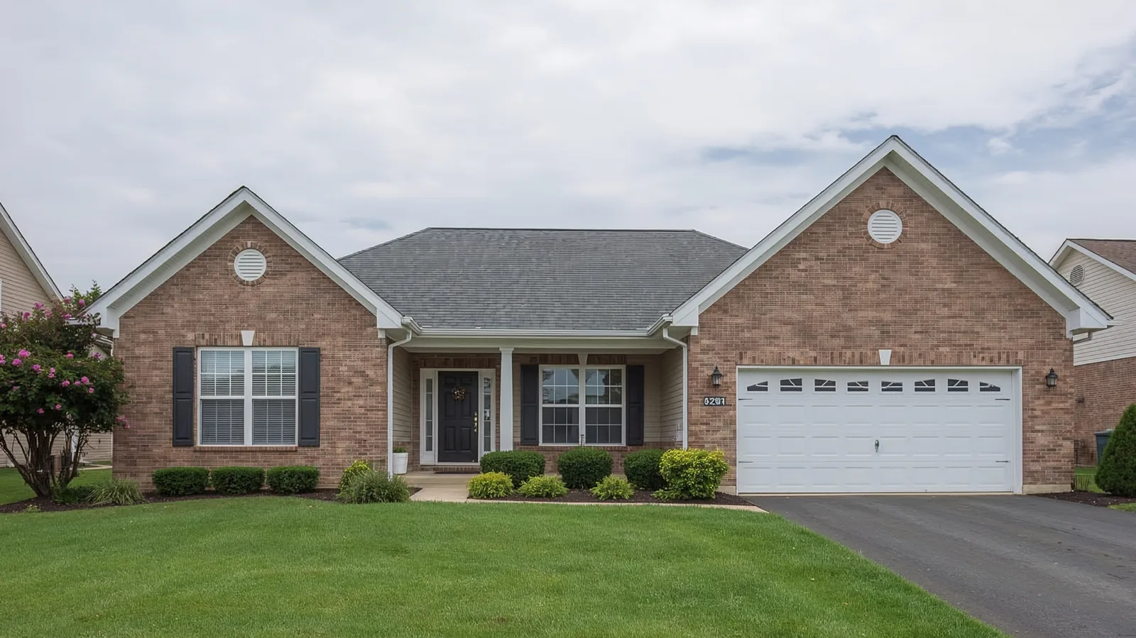Brick ranch home with gray asphalt shingle roof and white garage door
